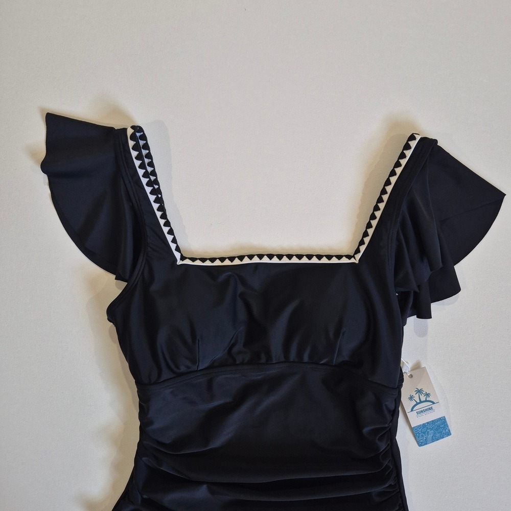 Sunshine One Piece Tummy Control Swimsuit Black Rickrack Ruffle Sleeve Ruching - Picture 7 of 9